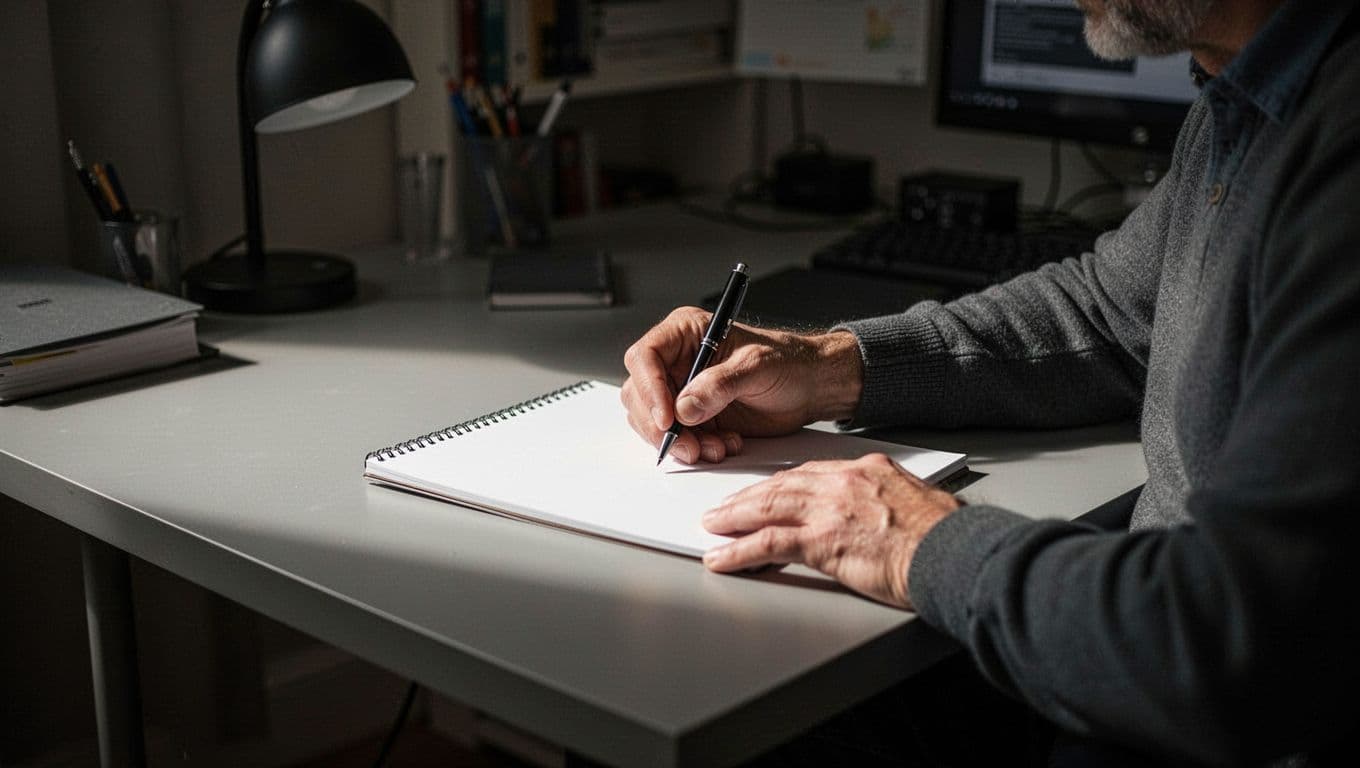 A person sits at a mahogany desk in a moody room, using a pen to write on a blank notepad. Warm side lighting highlights their focused expression and the organized stationery.