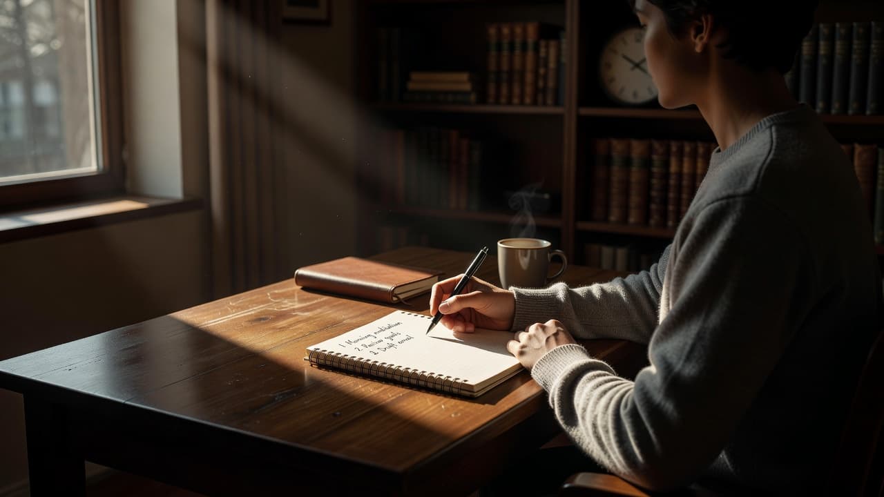 A focused individual sits at a clean wooden desk inside a sunlit room while recording tasks in a notebook. Golden light streams through the space, creating sharp silhouettes and deep shadows.