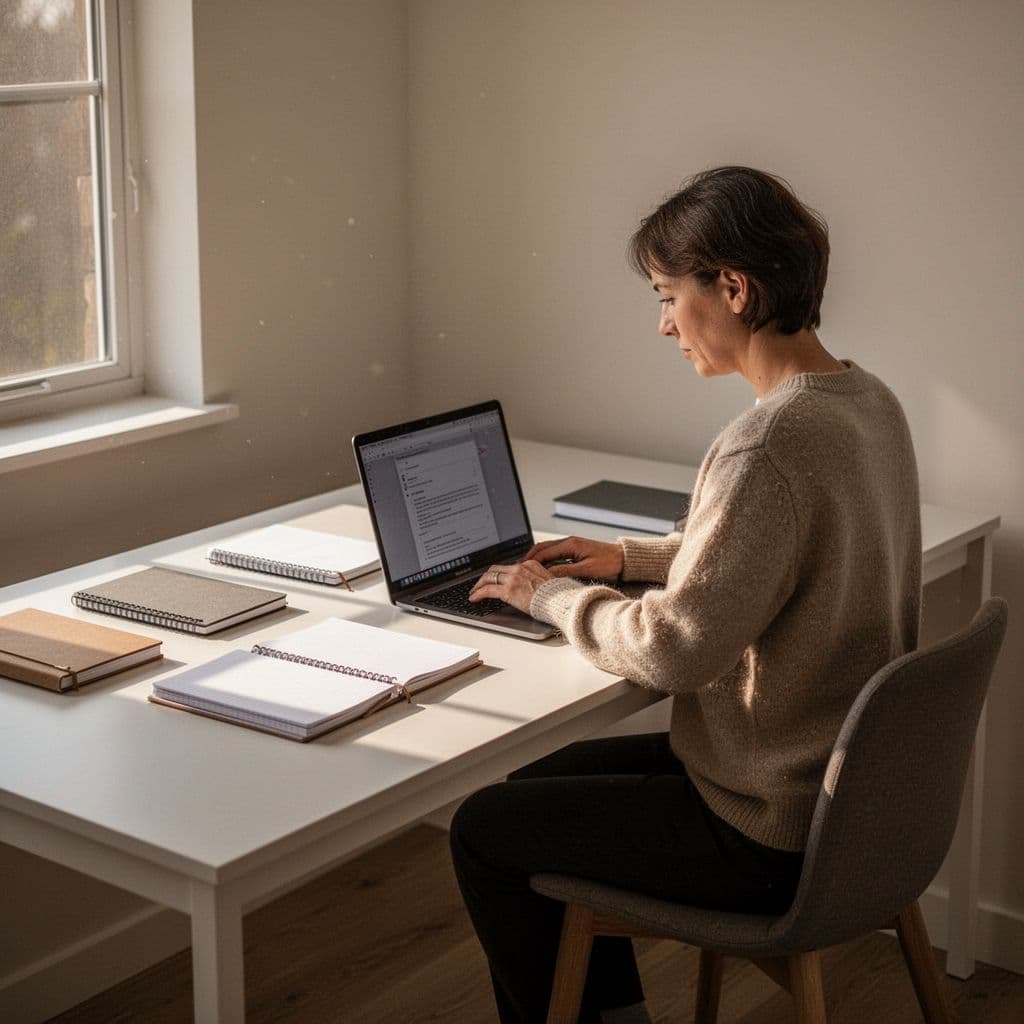 A person works at a minimalist desk with a laptop and organized notebooks in morning light.