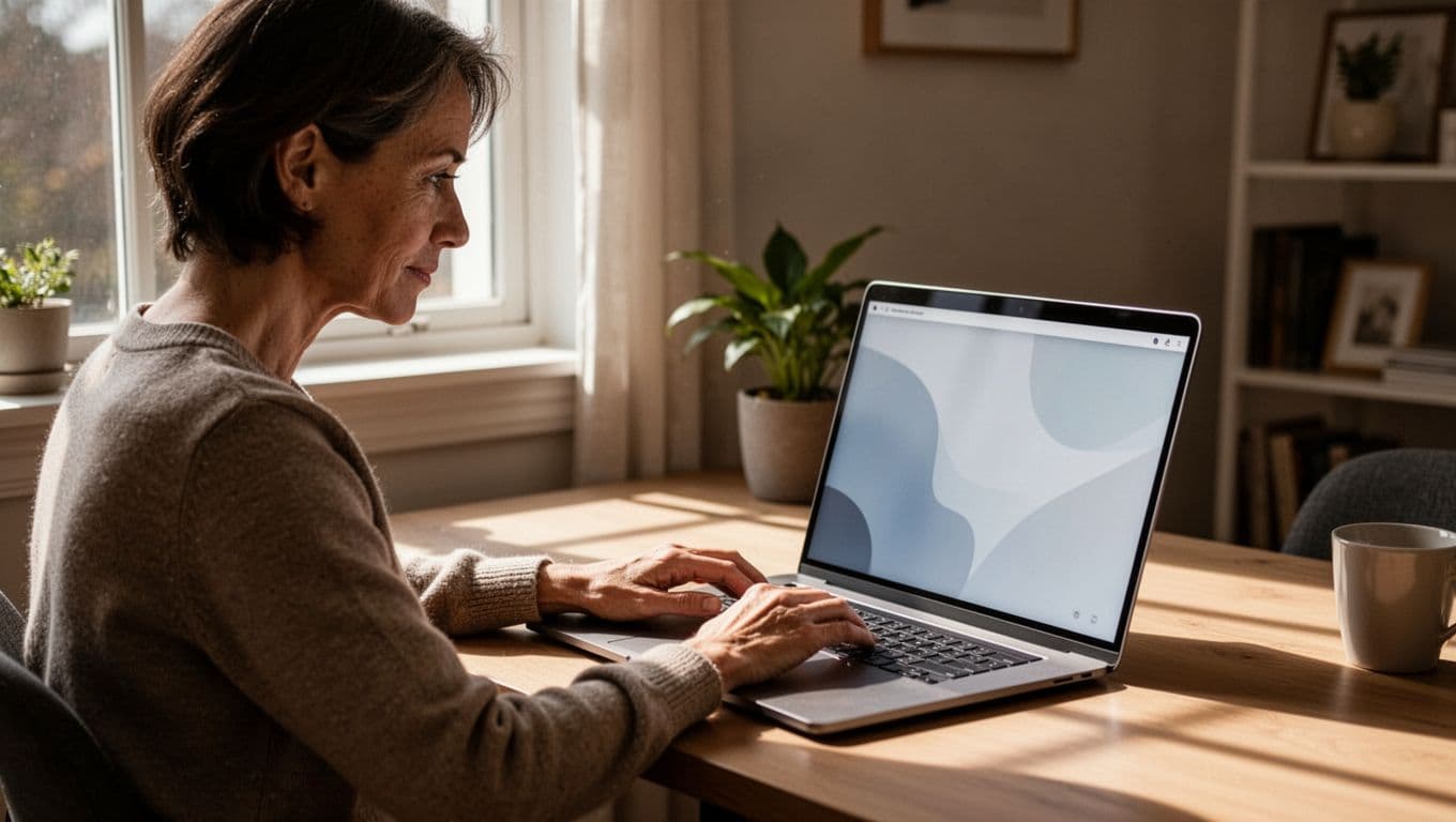 A focused individual sits at a minimalist wooden desk, reviewing a glowing laptop screen. Bright natural sunlight streams from a nearby window, illuminating the clean workspace and calm facial expression.