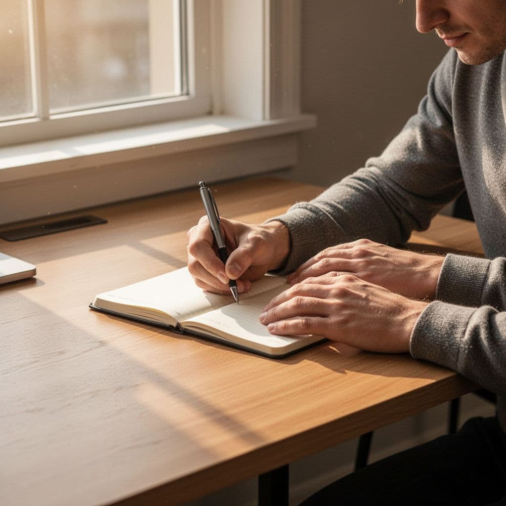 A person writes with a pen in a notebook on a clean wooden desk during morning light.