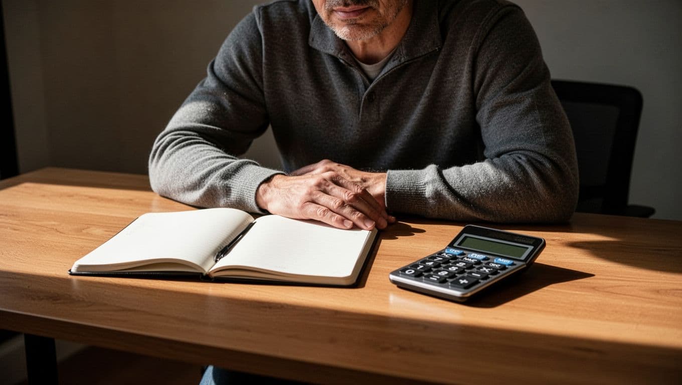 An individual sits at a dark, minimalist desk while reviewing financial notes. A calculator and an open notebook rest on the surface, illuminated by a sharp beam of dramatic, high-contrast light.