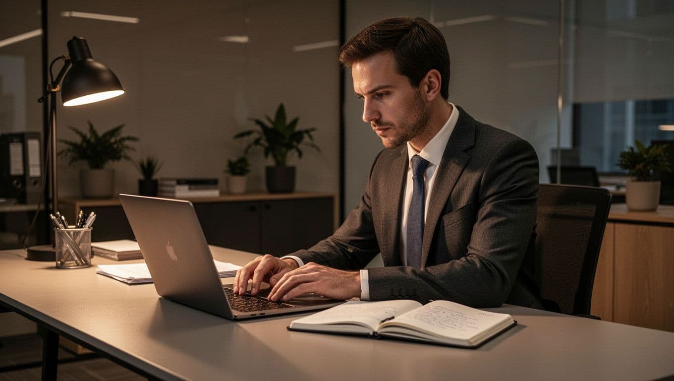 A focused individual types on a laptop while reviewing handwritten notes at a wooden desk. Warm, dramatic side lighting illuminates the workspace, emphasizing a productive atmosphere for managing personal finances.