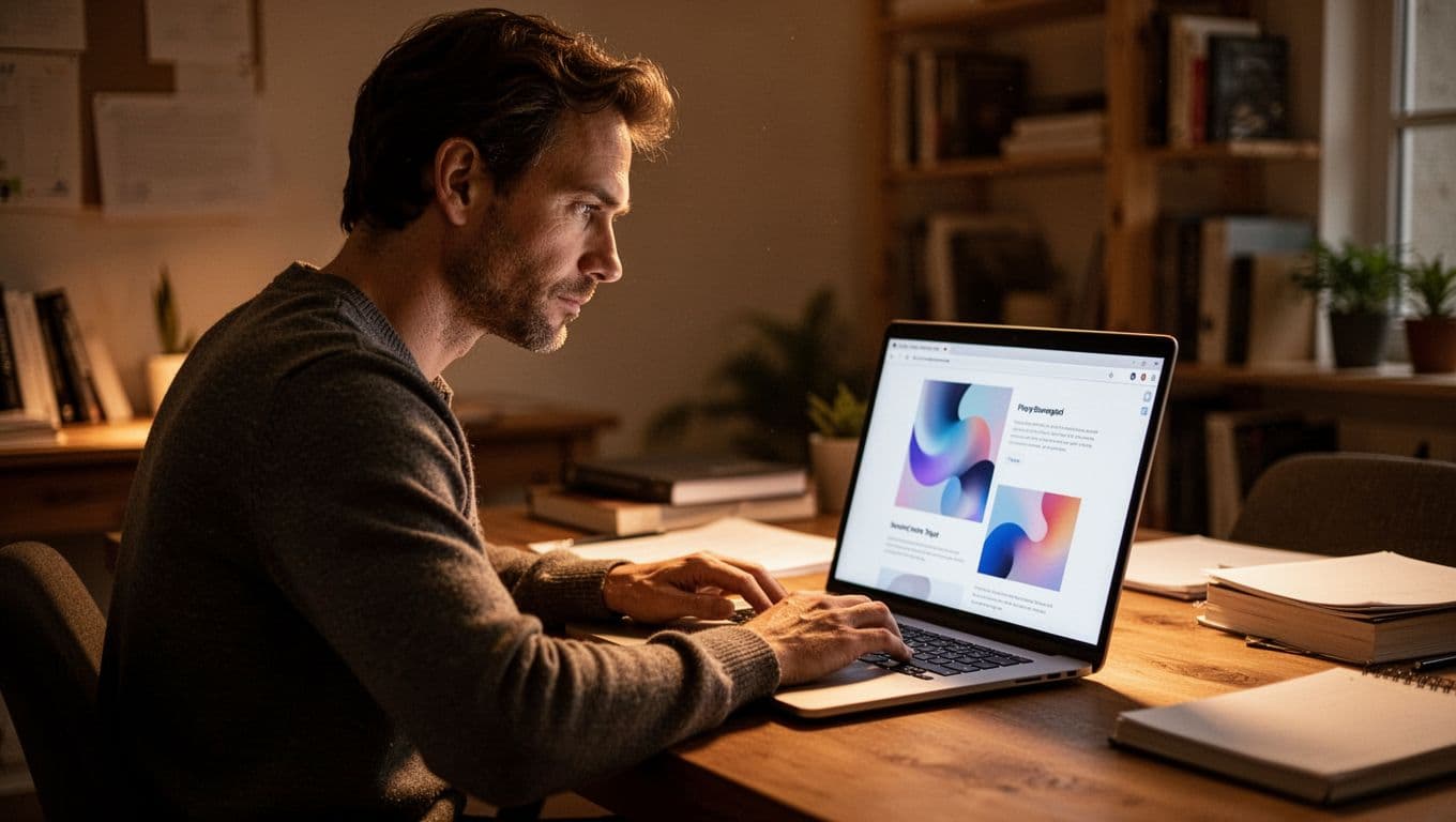 A focused individual sits at a dark desk, illuminated by the warm glow of a laptop screen while reviewing digital content. Soft ambient light highlights their concentrated expression and posture.