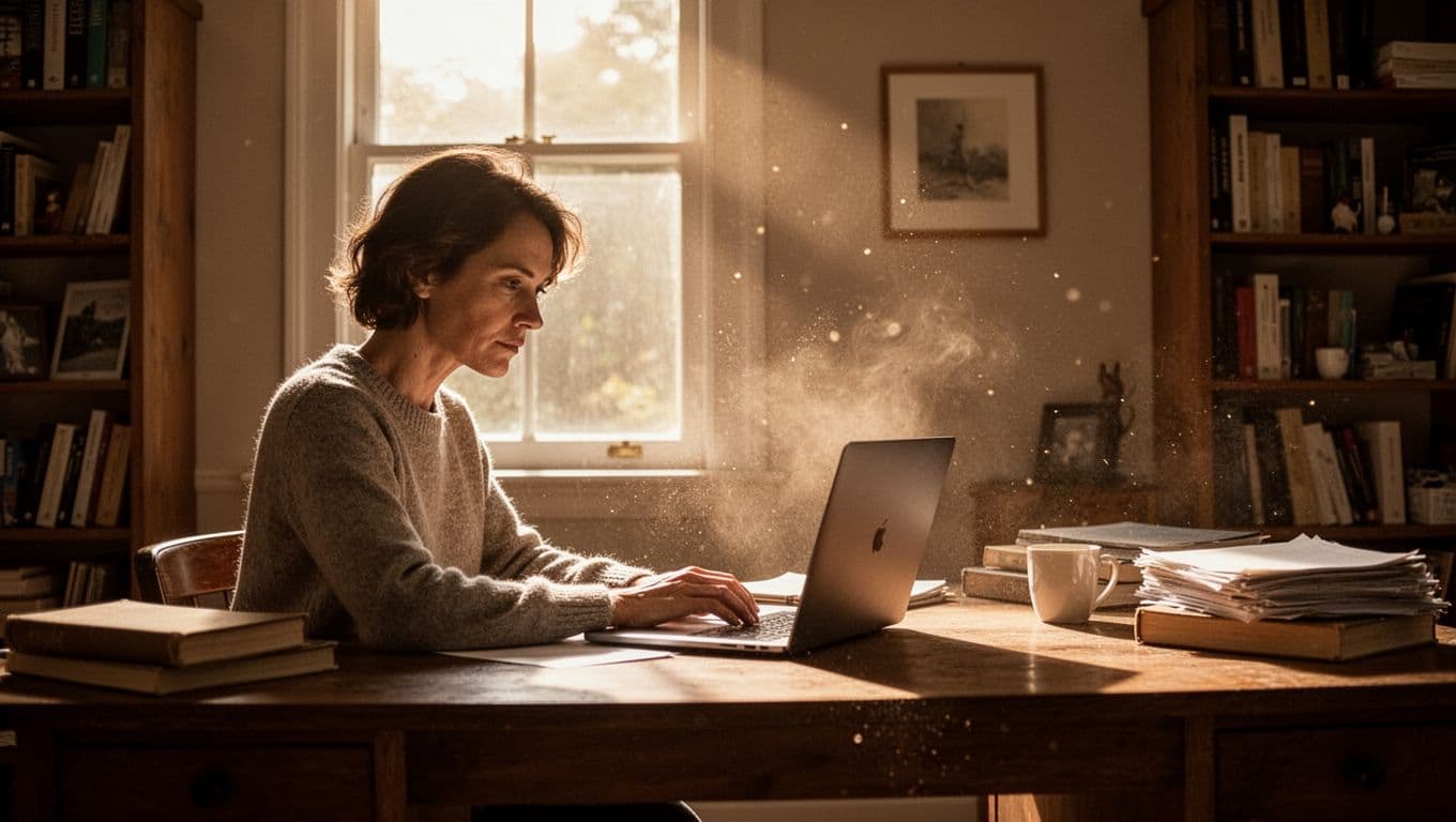 A focused individual sits at a dark wooden desk inside a quiet study. Golden morning sunlight streams through a large window, catching dust motes and creating dramatic shadows across the space.