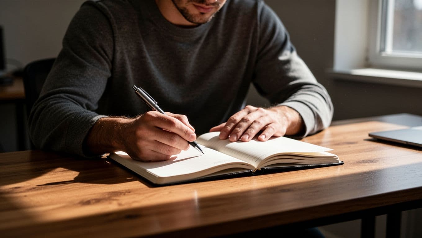 A person sits at a dark desk illuminated by sharp, dramatic light while focusing on an open notebook. A single pen rests on the page, highlighting the simplicity of task initiation.