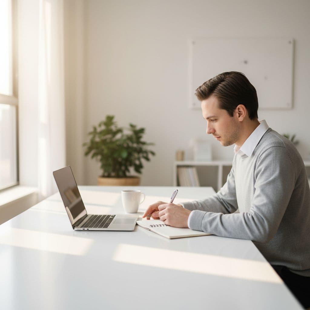 Person sits at bright minimalist desk with laptop, taking notes from screen, morning light from window.