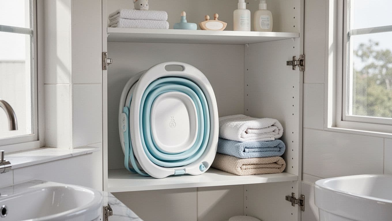 Compact foldable baby bathtub stored in bathroom cabinet next to towels and baby products.