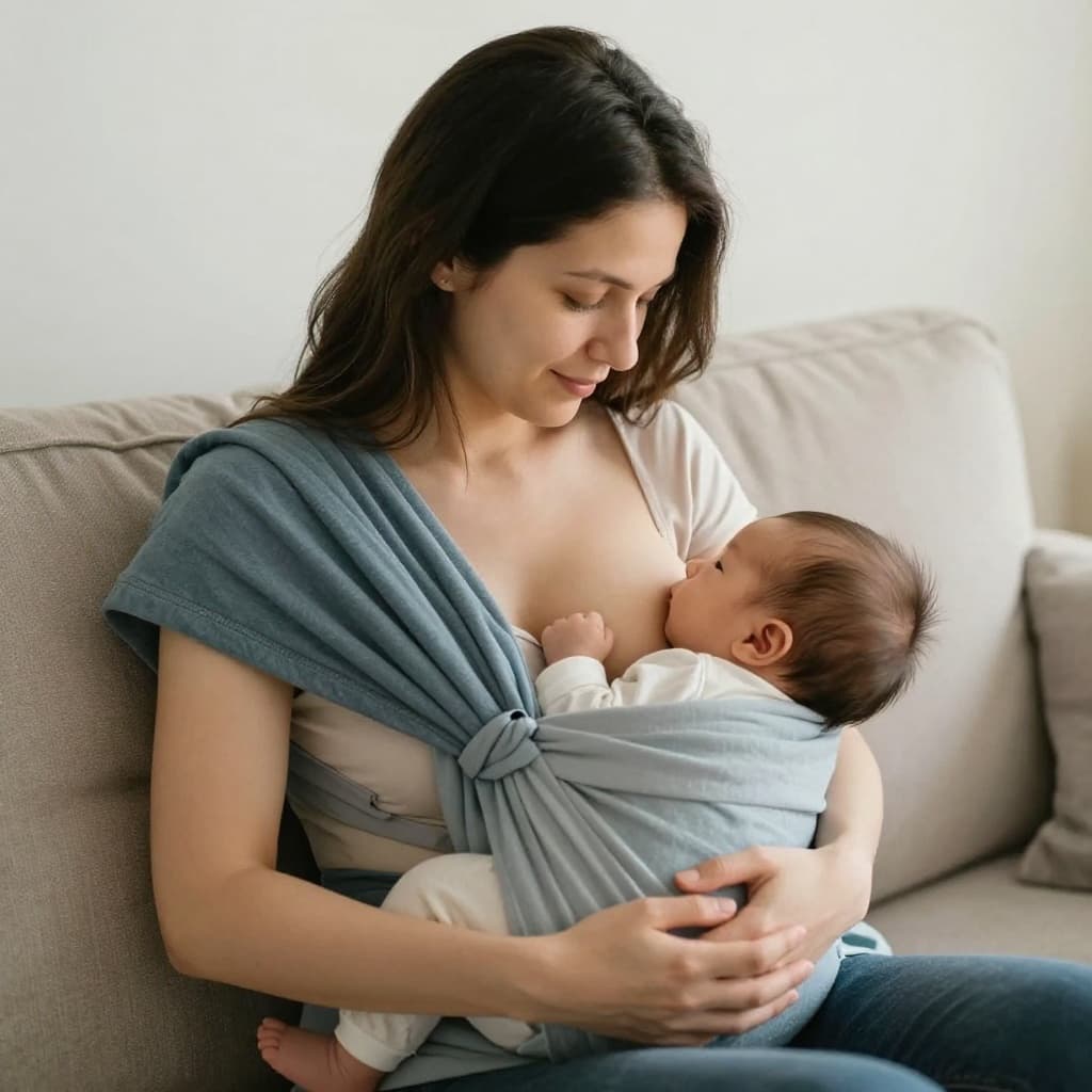 Mother nurses newborn tucked under her arm on a firm pillow in soft home interior.