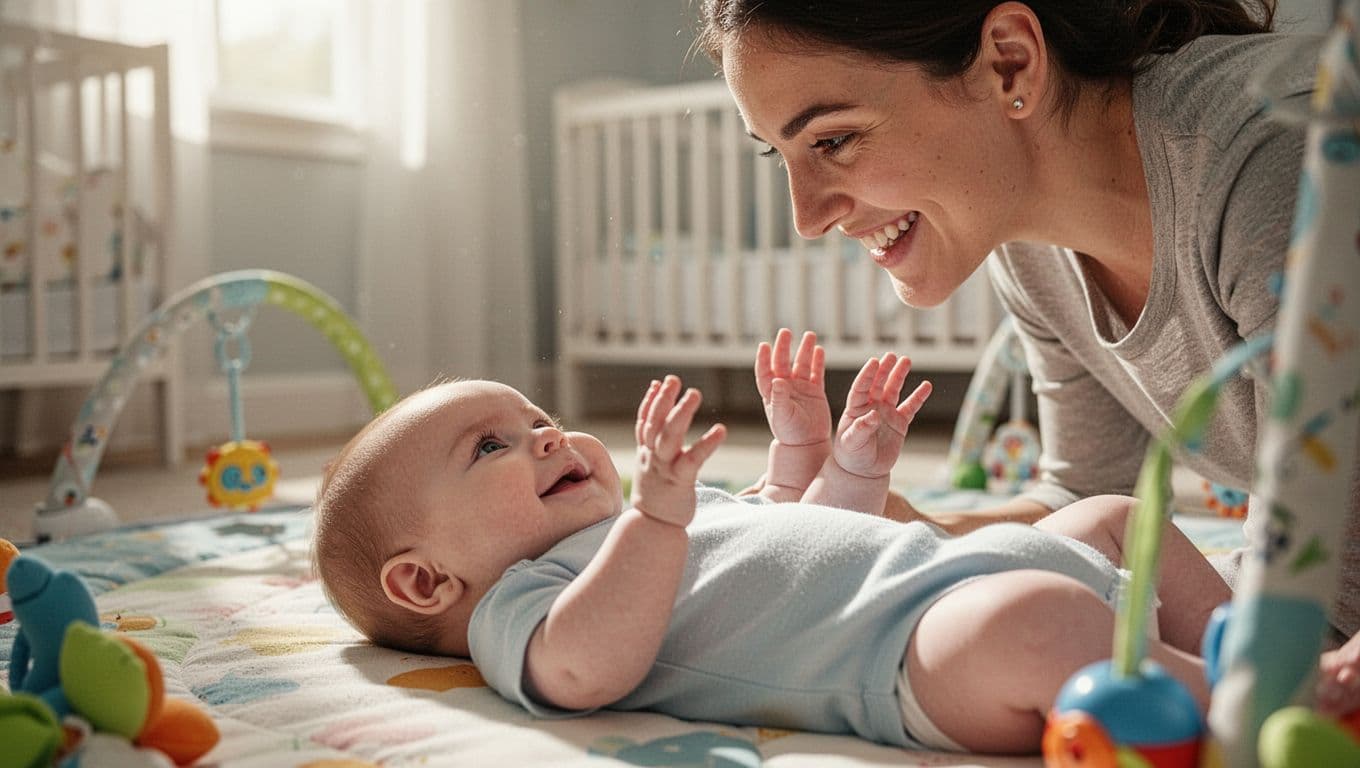 Four-month-old baby on play mat in bright nursery smiles at leaning parent, hands reaching up.