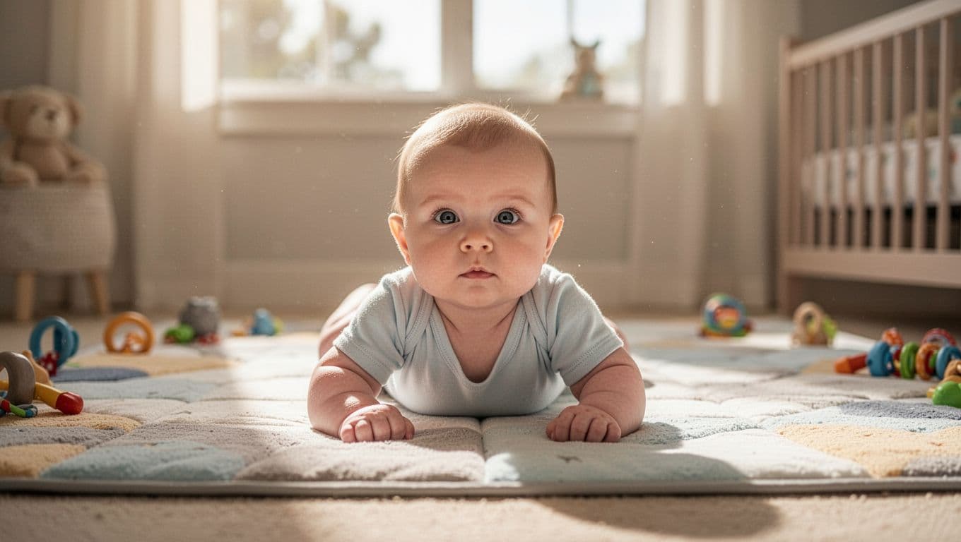 4-month-old baby propped on elbows on play mat, head lifted high with steady posture in sunny nursery.