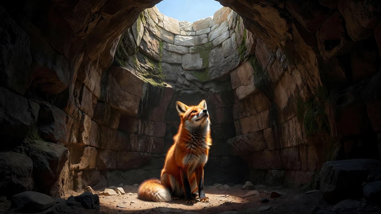 A clever red fox sits patiently at the base of a deep, cylindrical stone well. High above, a circular patch of daylight illuminates the dark textured walls, casting dramatic shadows downward.