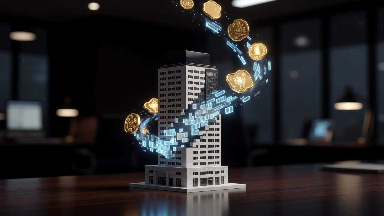 A physical miniature building sits on a surface while segments drift upward, evolving into glowing golden coins. The dark office background emphasizes the transition between solid property and digital assets.