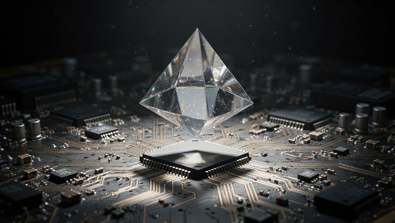 A translucent glass pyramid floats precariously above a detailed green circuit board. Subtle cracks spiderweb across its surface, reflecting dramatic golden light while contrasting against the dark, complex tech landscape below.