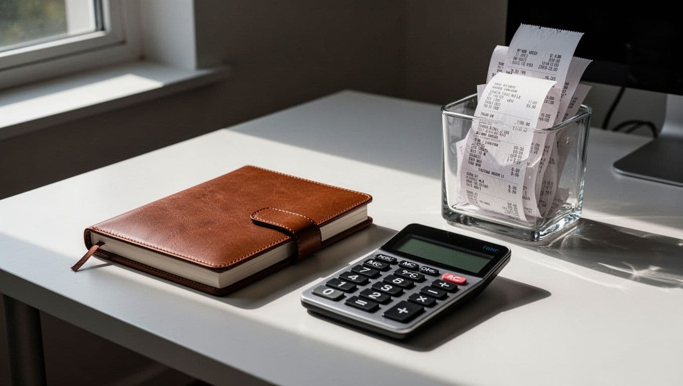 A leather notebook rests beside a calculator and a transparent glass jar filled with organized receipts on a clean desk. Cinematic lighting highlights the organized workspace prepared for financial tax tracking.