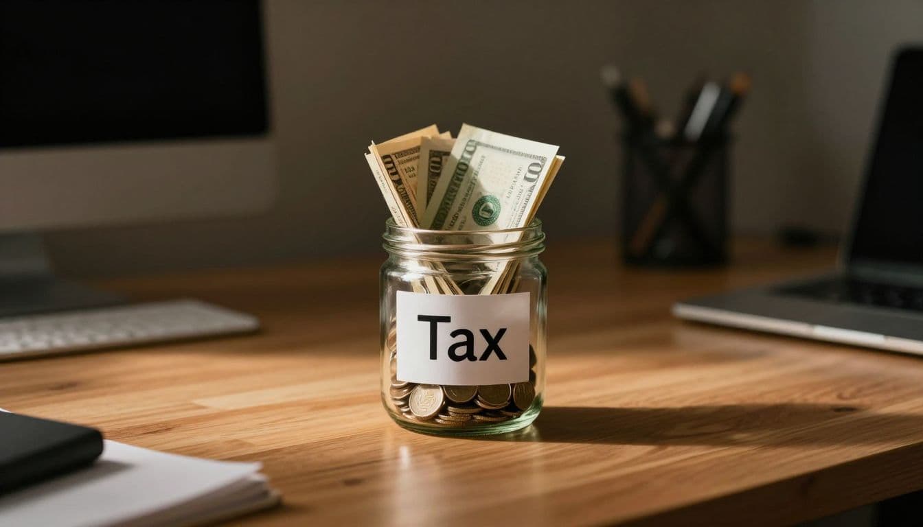A glass jar labeled Tax filled with coins and paper bills sits prominently on a wooden desk. Warm light illuminates the container, casting dramatic shadows across the tidy, organized workspace.