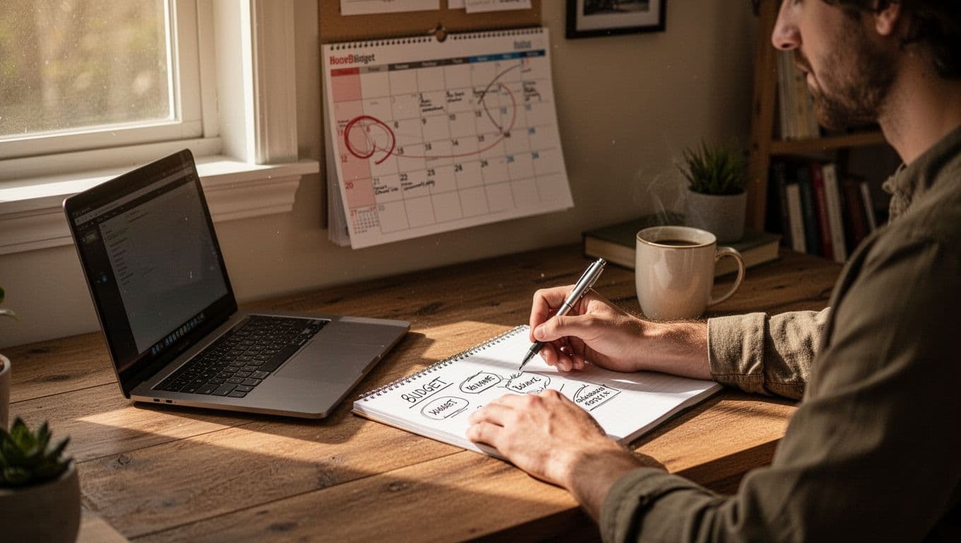 A single freelancer sits relaxed at a wooden desk in a cozy home office with natural daylight, a wall calendar showing one low-income month circled in red, a notepad sketching simple budget categories like bills and savings, a nearby laptop angled away, and a coffee mug.