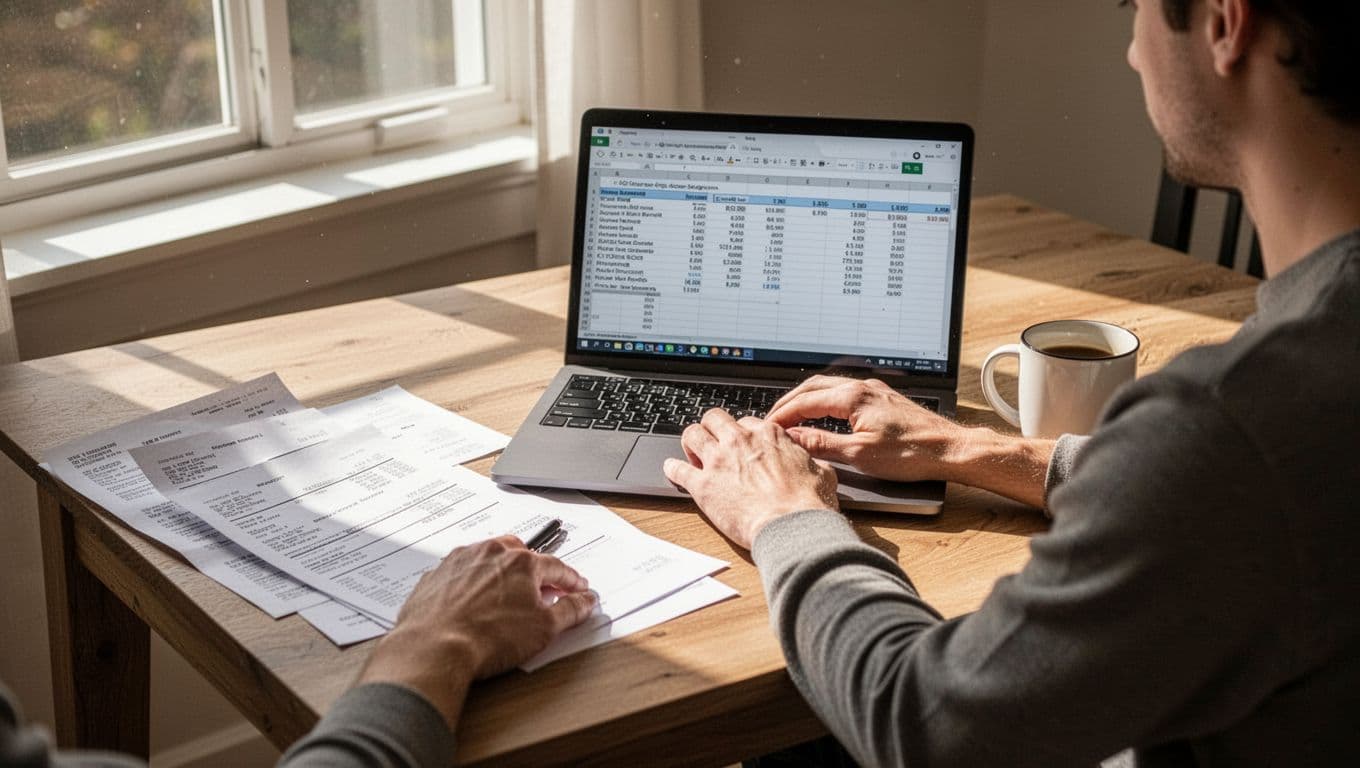A freelancer sits at a wooden desk in a bright home office, reviewing printed bank statements and typing income data into an open spreadsheet on a laptop angled away from the viewer. Natural daylight from the window illuminates the scene with a coffee mug nearby.