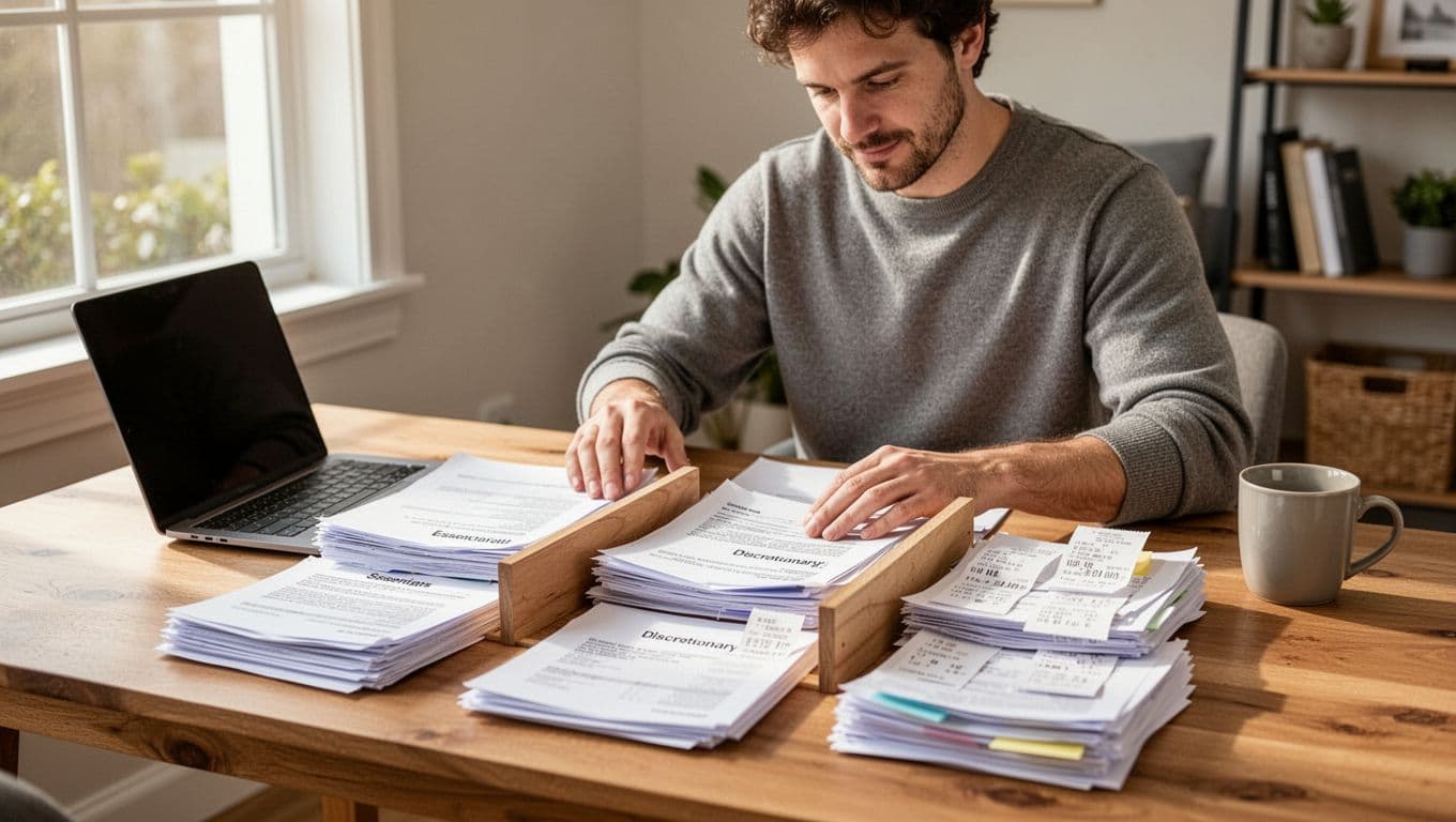 A freelancer at a wooden desk in a bright home office with natural daylight sorts printed bills and receipts into three distinct piles: essentials, variables, and savings/debt, using small dividers with no readable text.