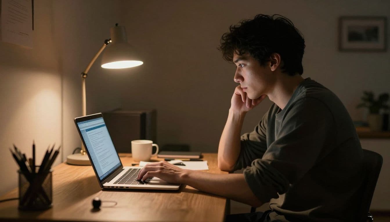 A focused professional sits at a wooden desk under warm lamp light, examining a laptop screen with a thoughtful expression. Books and organized supplies surround the workstation in the dim room.