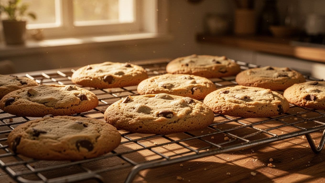 Soft chocolate chip cookies rest on a metal wire cooling rack inside a home kitchen. Warm morning sunlight streams across the surface, highlighting the golden brown textures and gooey melted edges.