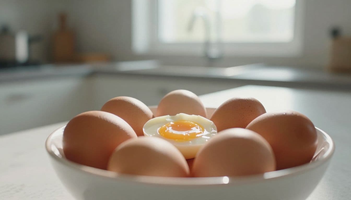 A ceramic bowl filled with raw chicken eggs sits on a marble kitchen countertop. Soft morning sunlight illuminates the shells, highlighting potential bacteria risks near a bright window in the background.