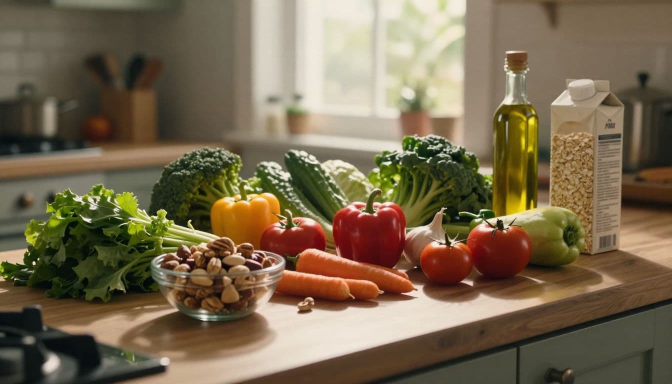 A stone kitchen counter holds a variety of colorful vegetables, a wooden bowl of assorted nuts, premium olive oil, and oats. Soft morning light creates a warm glow across the kitchen.