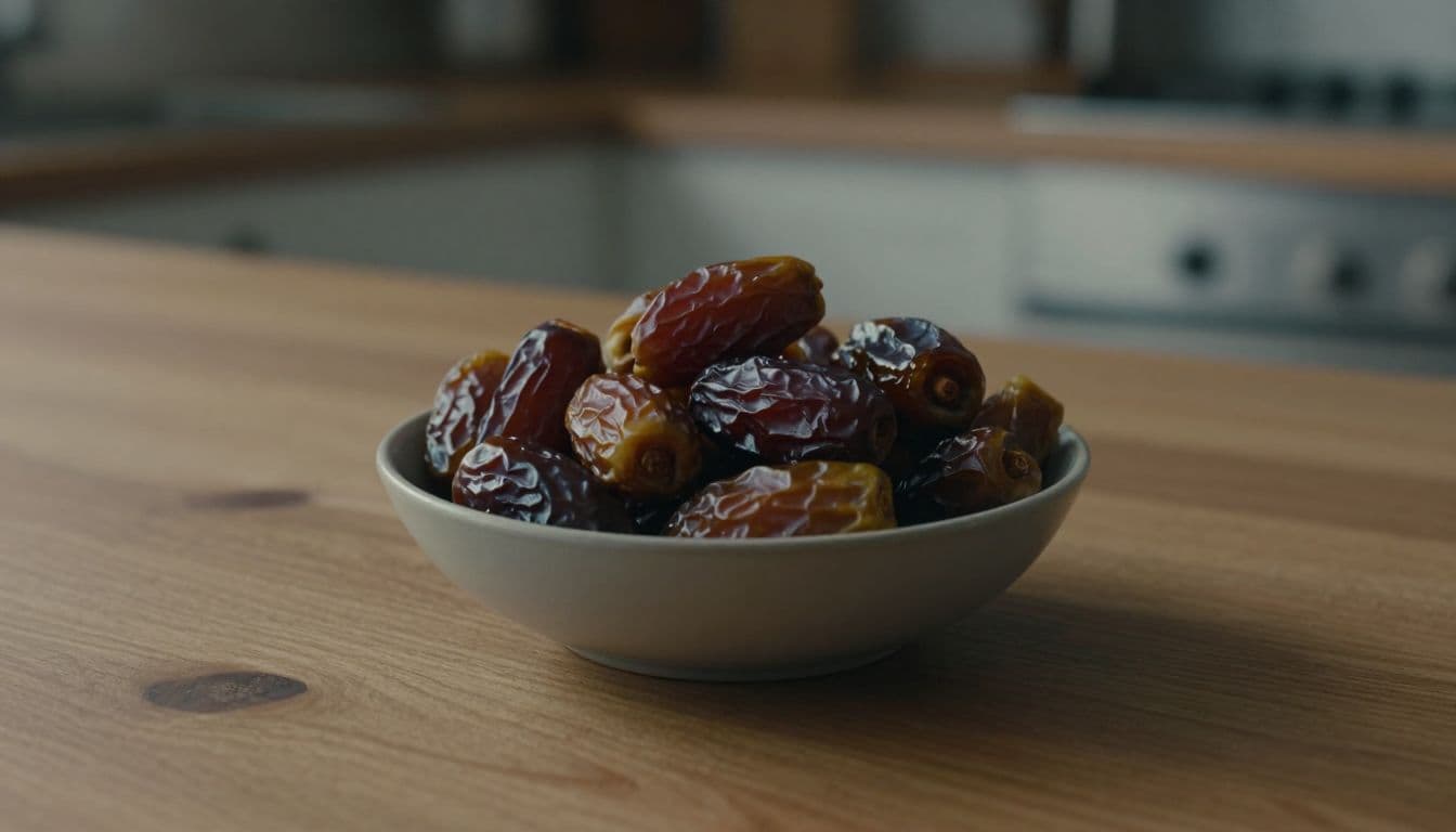 A rustic wooden bowl filled with plump, dark Medjool dates sits on a textured kitchen counter. Natural side lighting highlights their wrinkled skin while casting long, dramatic shadows across the surface.