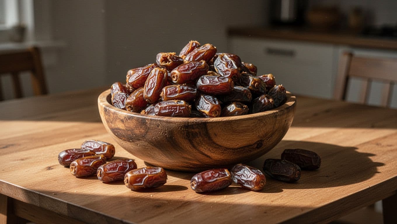 A rustic wooden bowl sits on a polished kitchen counter, overflowing with dark, sweet Medjool dates. Sharp natural light highlights the wrinkled texture of the fruit against the deep shadows.