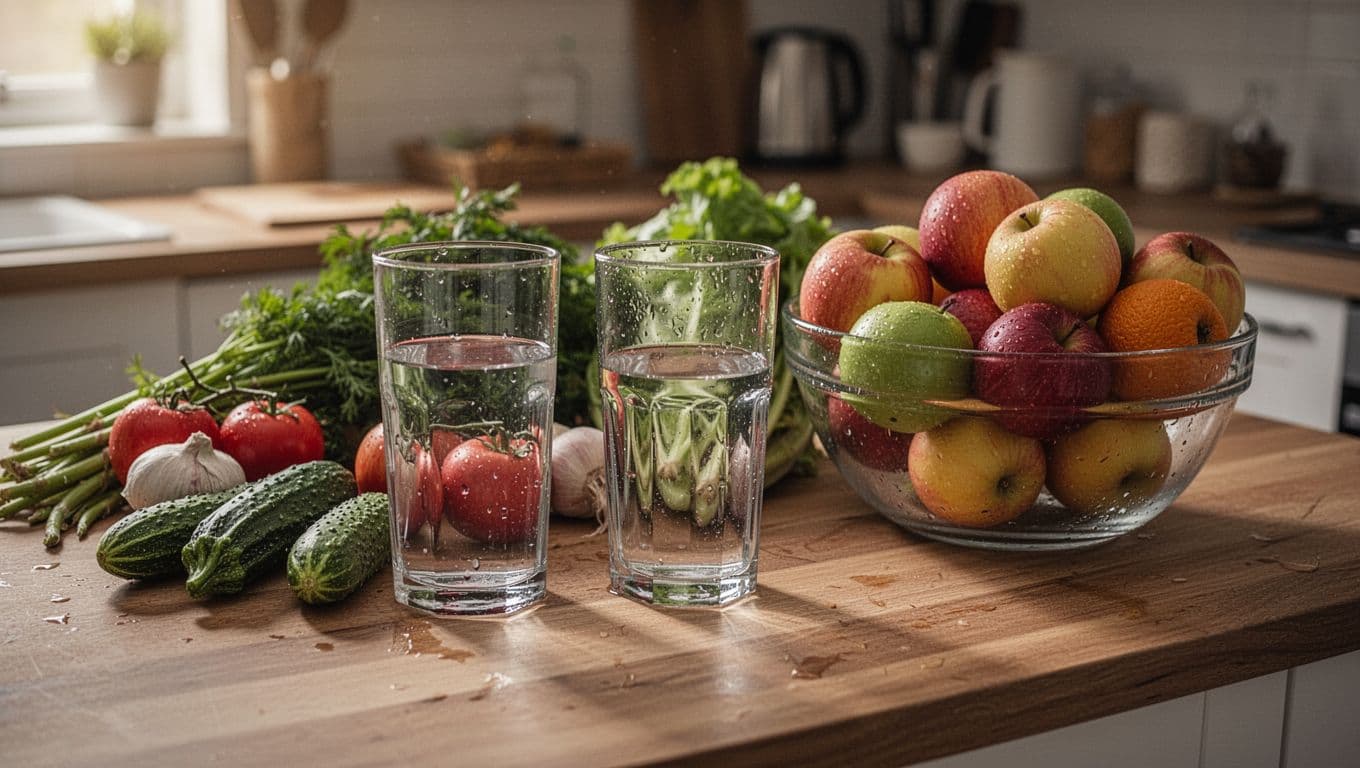 A close-up view features a textured wooden kitchen surface holding a bowl of washed mixed fruits, vibrant fresh garden vegetables, and a clear glass of water under soft golden lighting.