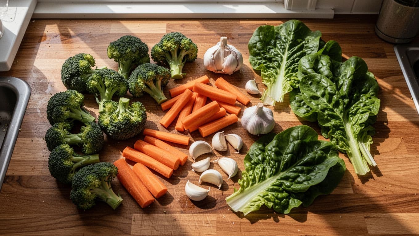 Top-down view of crisp broccoli florets, bright orange carrots, and bulbs of garlic resting on a rustic wooden countertop. Lush leafy greens surround these ingredients, highlighted by dramatic, high-contrast cinematic studio lighting.