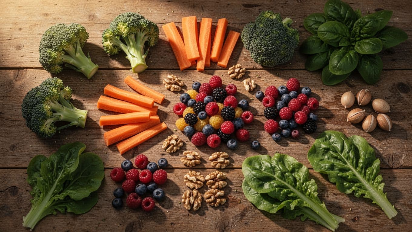 A rustic wooden table is artfully arranged with vibrant broccoli, bright orange carrots, mixed berries, crunchy walnuts, and fresh leafy greens. Warm, dramatic lighting creates deep shadows across the diverse harvest.