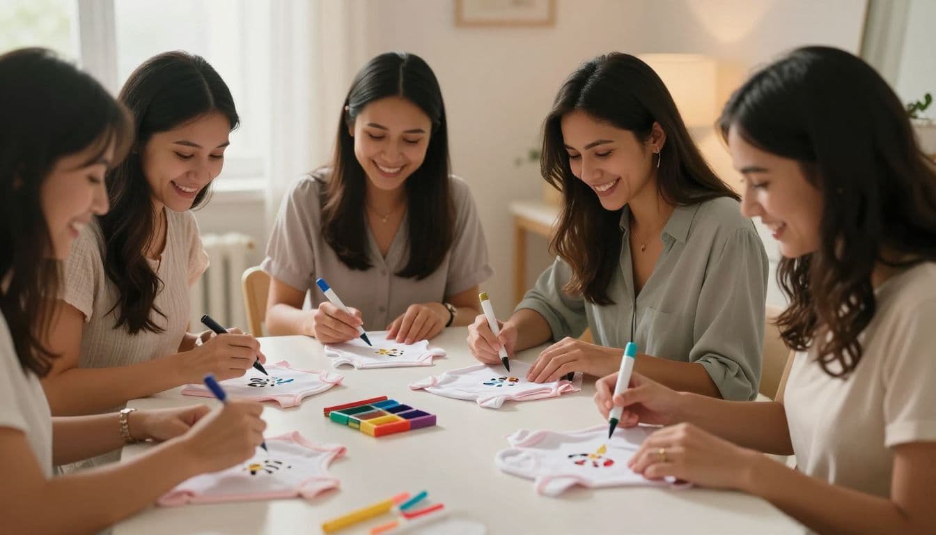 Three women sit around a brightly lit wooden table, using fabric markers and stencils to customize infant clothing. Their joyful expressions and collaborative spirit create a warm and intimate festive atmosphere.