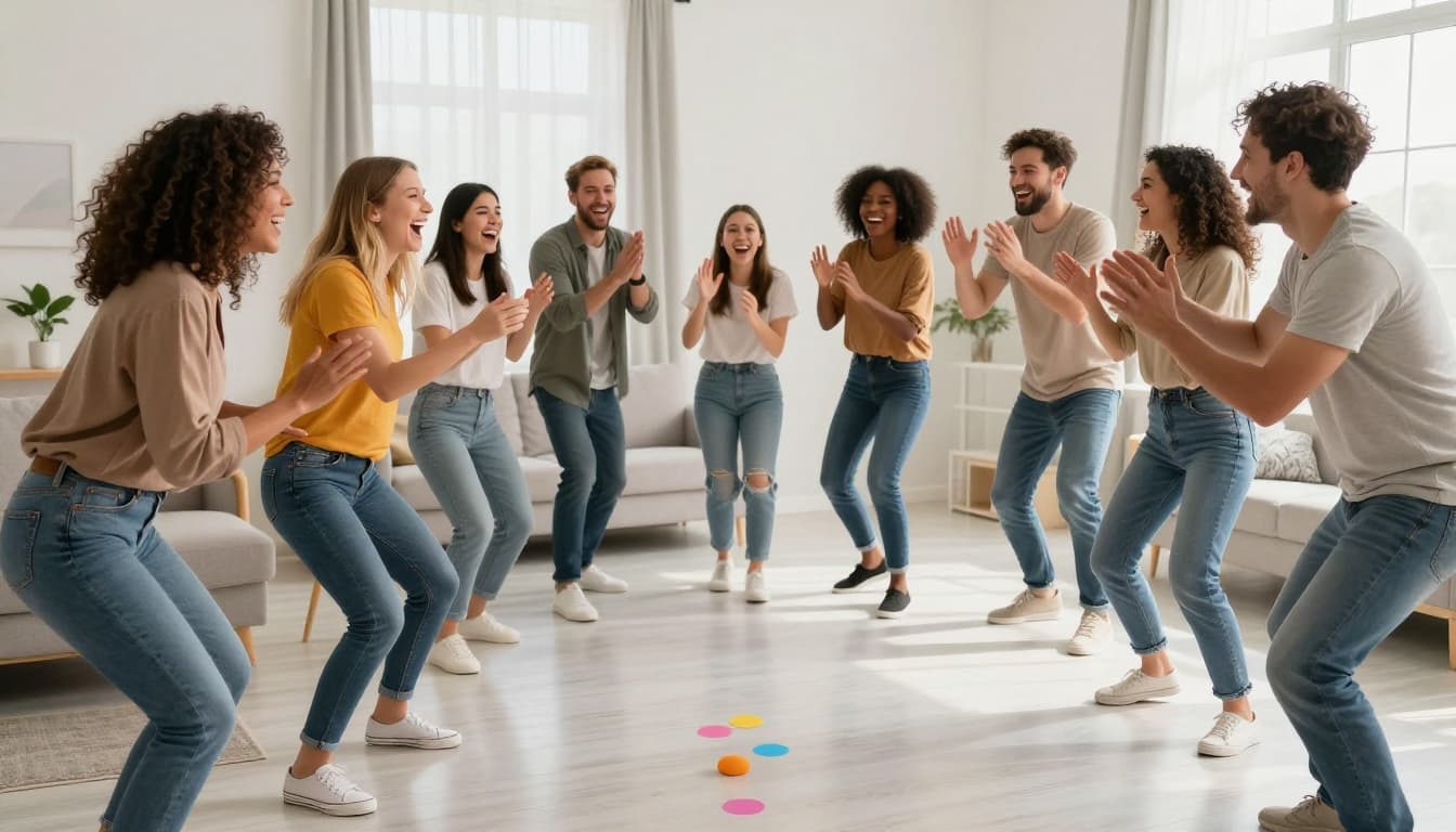 A diverse group of cheerful friends stands in a brightly lit modern living room, laughing while participating in an energetic competition. They gesture wildly during an engaging, high-spirited parlor game event.