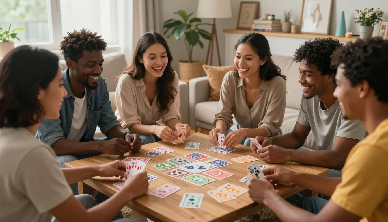 A diverse group of friends sits on sofas in a sunlit living room, laughing together while playing a card game. Decorative pastel streamers hang softly in the background near the window.