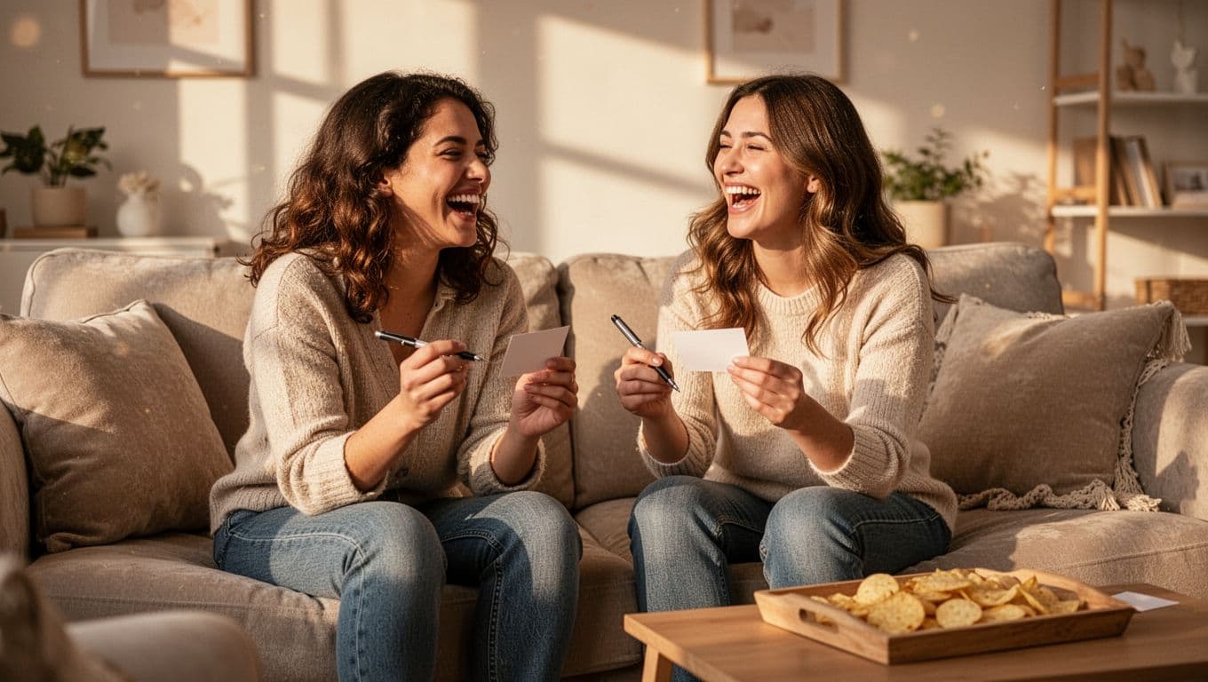 Four diverse friends sit together in a warm living room, laughing while holding game cards and pens. A small coffee table nearby features light snacks under soft, glowing natural afternoon sunlight.