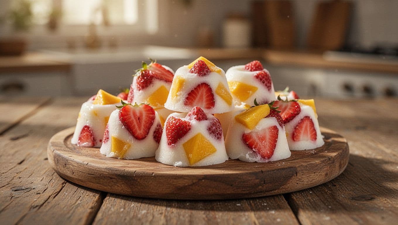 Small, vibrant pieces of strawberry and mango embedded in frozen yogurt cubes sit atop a rustic wooden platter. The soft kitchen background highlights the cool texture of these refreshing toddler snacks.