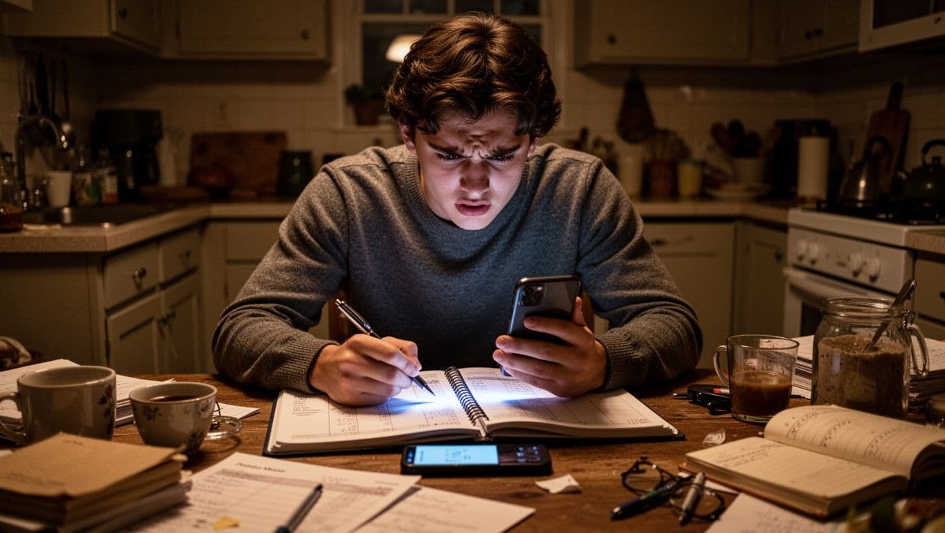 A person leans over a cluttered kitchen table while examining a smartphone screen and holding a pen above a paper ledger. Warm light creates deep shadows, highlighting the individual's evident stress.