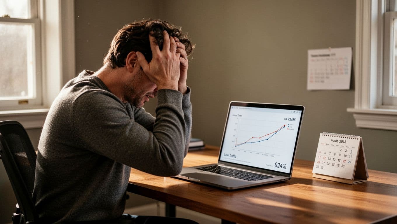 Frustrated person at desk clutches head while staring at laptop showing low Pinterest analytics and short calendar period.