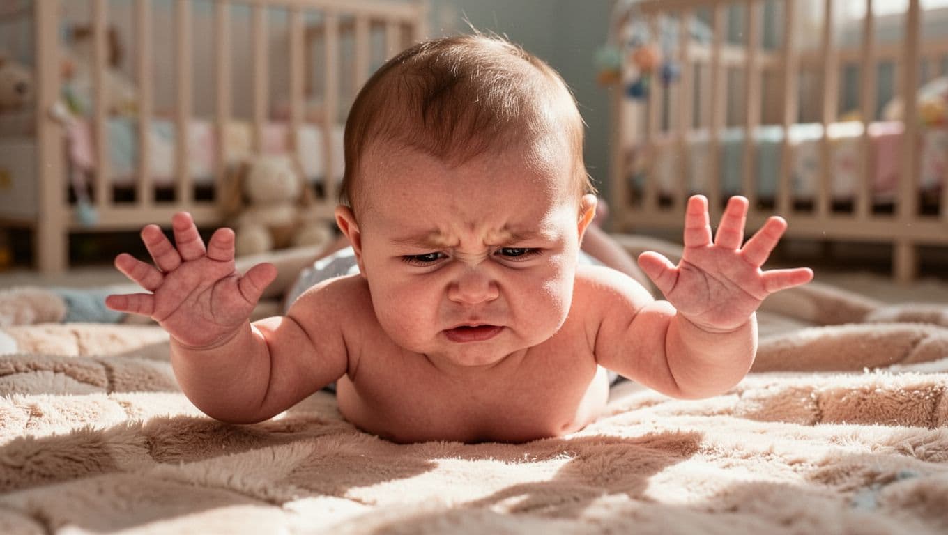 4-month-old fussy baby on nursery blanket, head turned away, rigid arms pushing out, distressed frown and furrowed brows.