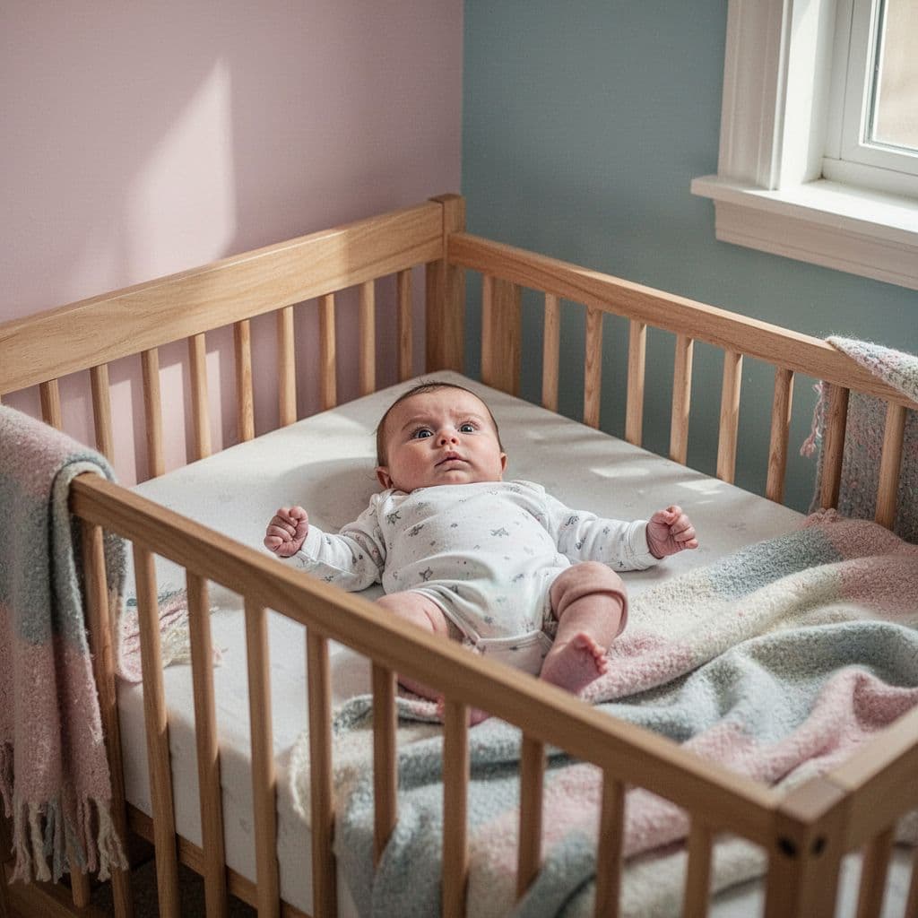An alert and fussy baby lies awake in a wooden crib within a neutral nursery.