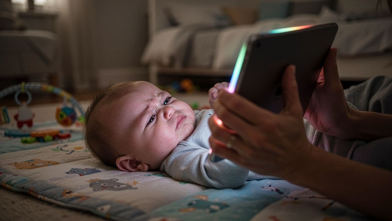 Infant on playmat turns head away from parent's tablet with fussy expression in dim room, screen glow lights face.