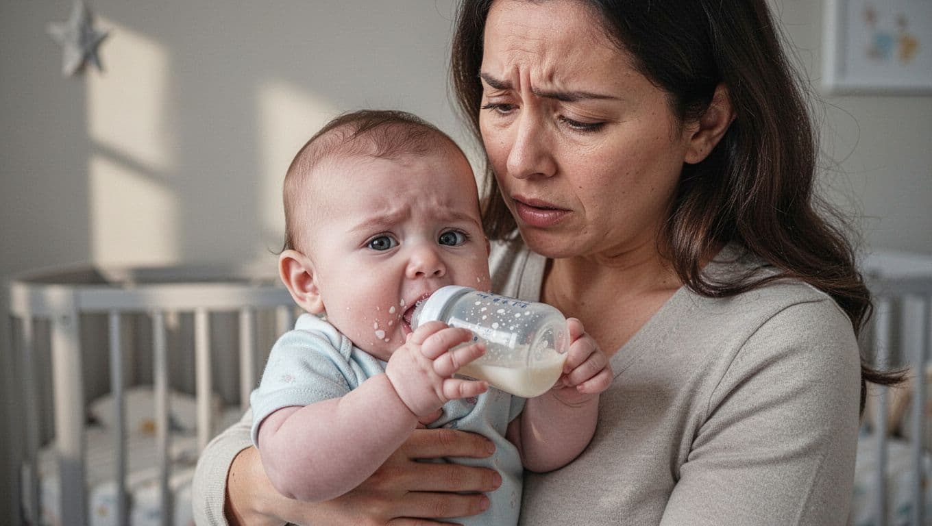 Fussy infant pulling away from bottle during feeding with white patches visible on tongue.