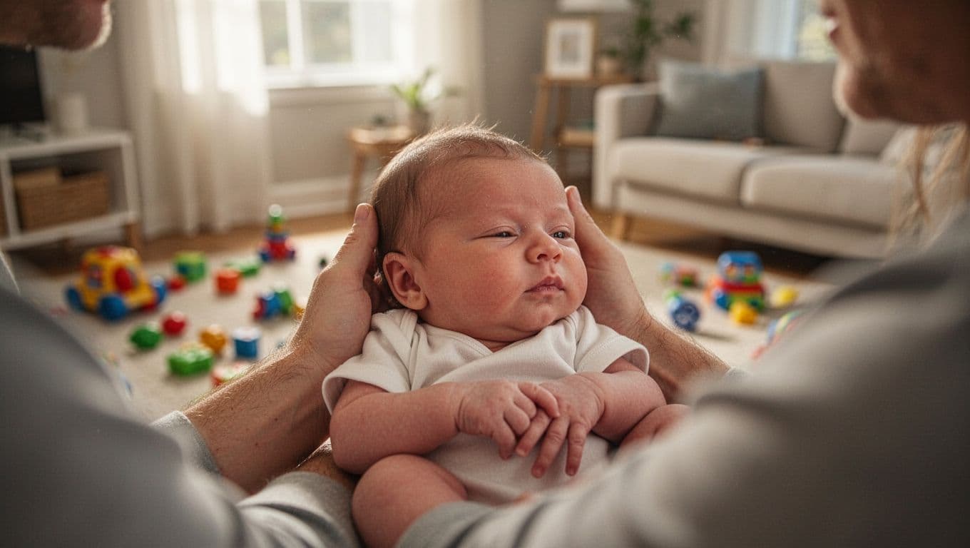 Fussy newborn held loosely in blurred parent arms turns face away with half-closed eyes in brightly lit living room with scattered toys.
