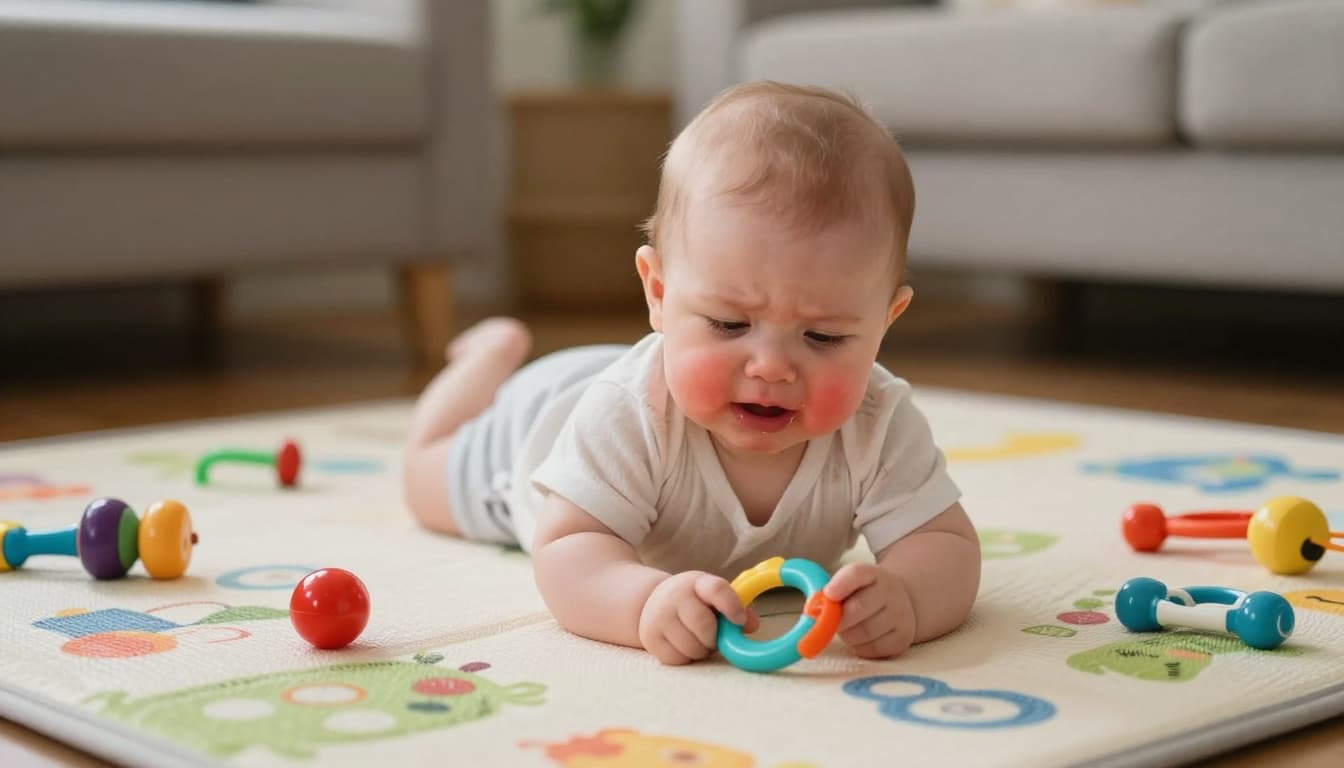 6-month-old baby looks fussy and low-energy on colorful playmat, with red cheeks, drool, loosely holding teething ring amid scattered toys.