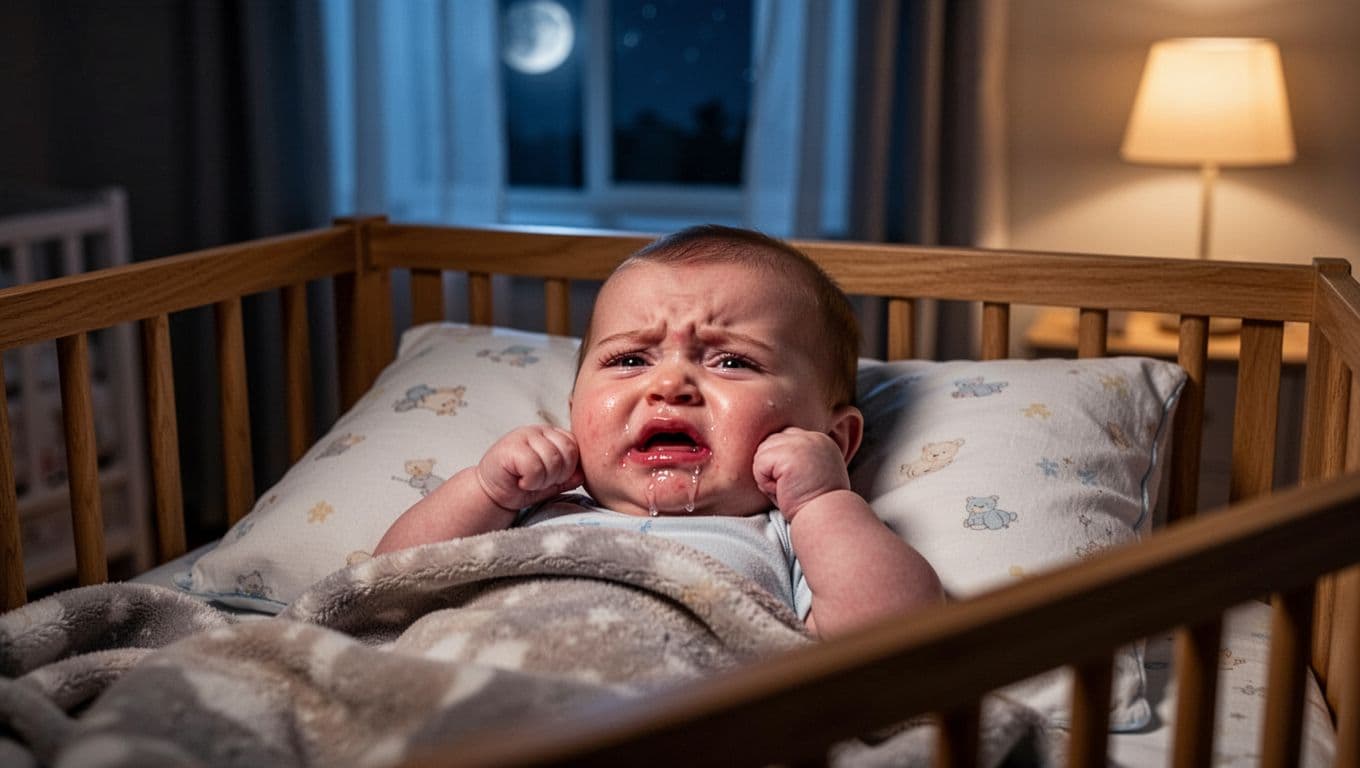 6-month-old baby in wooden crib at night drools excessively with swollen red gums, rubs cheek, and shows watery-eyed frown.