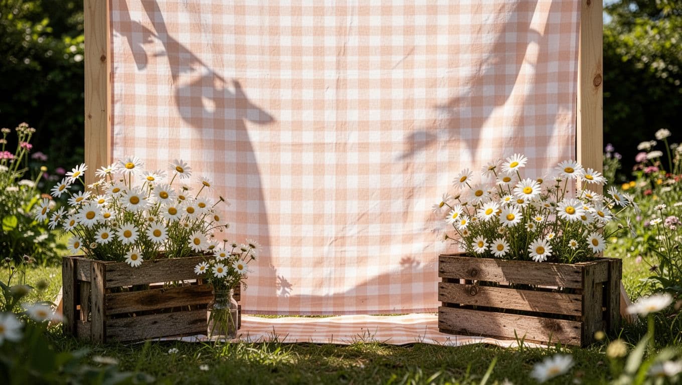 Soft blue gingham fabric serves as a backdrop for crates filled with fresh white daisies and wooden accents. This outdoor setup creates a cheerful and rustic atmosphere for a celebratory event.