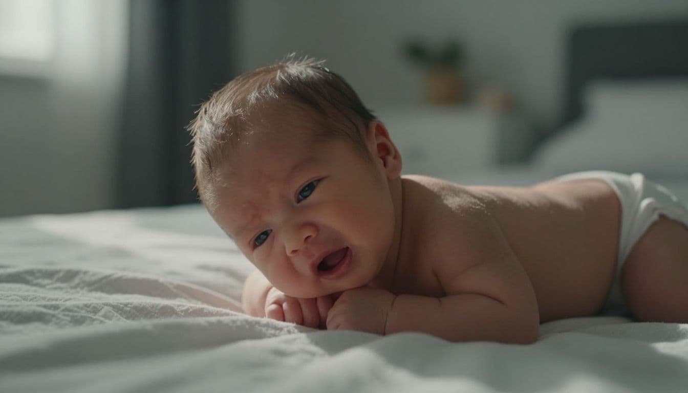 A close-up view captures a newborn baby resting on a textured cream blanket. The infant has a slight grimace, with warm golden light illuminating their delicate features and soft, fuzzy hair.