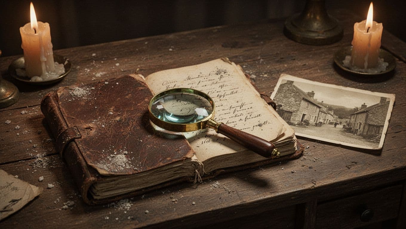 An open leather-bound journal lies on a weathered wooden desk beside an antique magnifying glass. A sepia-toned photograph of a village sits near flickering candlelight that casts deep, dramatic shadows.
