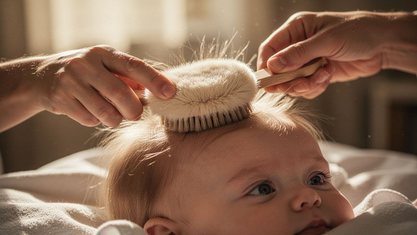 A close-up view captures adult hands carefully using a soft-bristled brush on a baby's scalp. Soft morning light illuminates the delicate scene, highlighting the care taken during daily grooming routines.